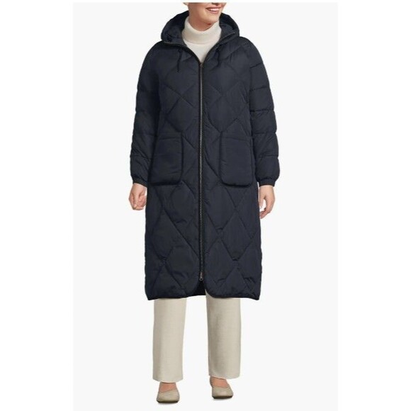 Women's Lands' End FeatherFree Diamond Quilted Maxi Hooded Coat Plus 1x /16w-18w - Picture 1 of 7